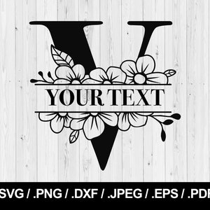 May include: Black and white floral monogram featuring the letter V with the text "YOUR TEXT" in a banner below the flowers.