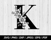 Flower Letter K. Floral Letter SVG PNG, JPEG, eps, ai, pdf and dxf. Monogram Font. Instant download