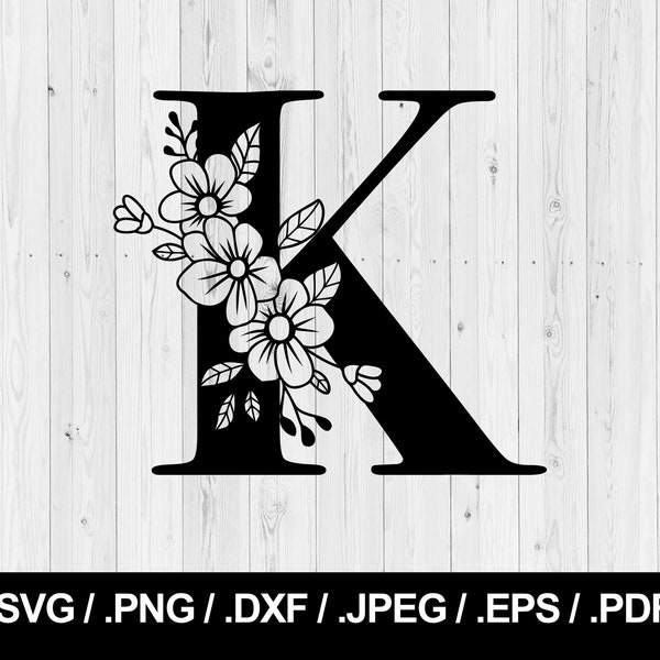 Flower Letter K. Floral Letter SVG PNG, JPEG, eps, ai, pdf and dxf. Monogram Font. Instant download