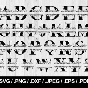 Split Flower Alphabet. Floral Letters with space in the middle. SVG PNG, JPEG, eps, ai, pdf and dxf. Monogram Cut Font. Instant download