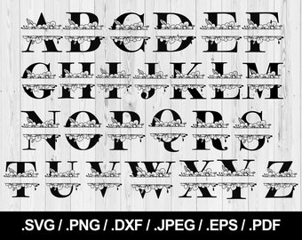 Split Flower Alphabet. Floral Letters with space in the middle. SVG PNG, JPEG, eps, ai, pdf and dxf. Monogram Cut Font. Instant download
