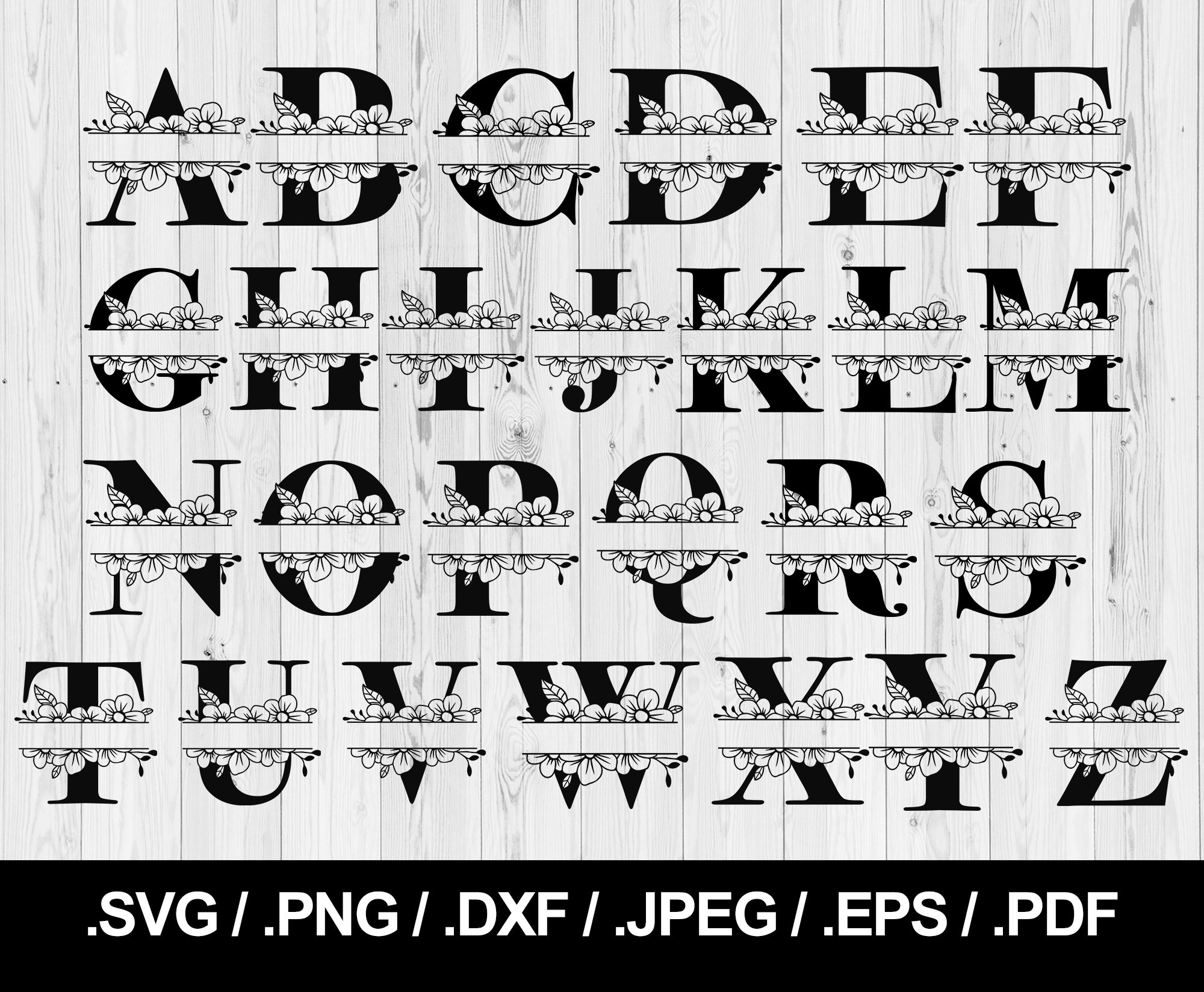 Split Flower Alphabet. Floral Letters With Space in the
