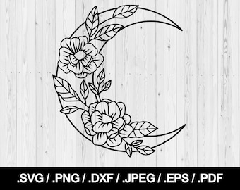 May include: A black and white line art design of a crescent moon with floral accents. The moon is adorned with two large flowers and leaves.
