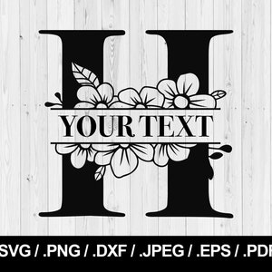 Pode incluir: Letra H em monograma preto e branco com detalhes florais e uma faixa que diz "YOUR TEXT".