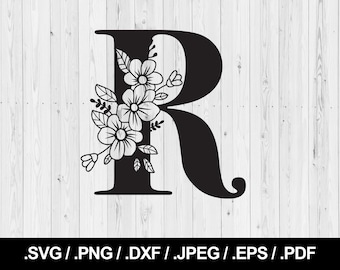 Flower Letter R. Floral Letter SVG PNG, JPEG, eps, ai, pdf and dxf. Monogram Font. Instant download