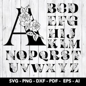 Alfabeto Rosa. Letras Florais Completas svg png, eps, ai, pdf e dxf. Fonte Monograma. Download instantâneo