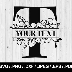 May include: Black and white floral monogram design featuring the letter T with a banner that says "YOUR TEXT".