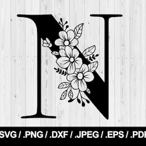 Letra Flor N. Letra Floral SVG PNG, JPEG, eps, ai, pdf e dxf. Fonte do monograma. Download instantâneo