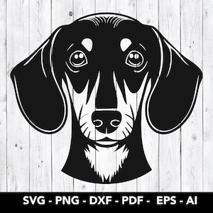 May include: Black and white silhouette of a dachshund dog's head with large ears. The dog is looking straight ahead with a neutral expression.