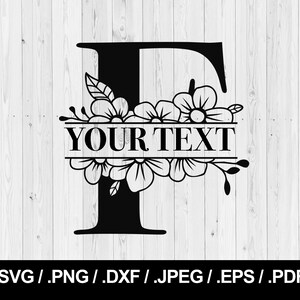Può includere: Grafica in bianco e nero della lettera F con decorazioni floreali e uno striscione che dice "YOUR TEXT".