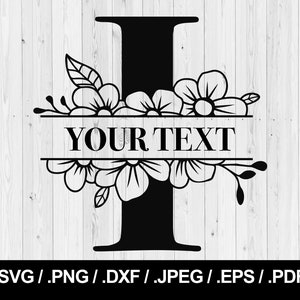 May include: Black and white floral monogram design featuring the letter I with a banner that says "YOUR TEXT".