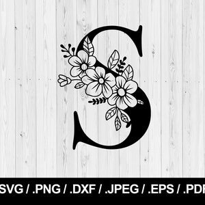 Carta de flores S. Carta floral SVG PNG, JPEG, eps, ai, pdf y dxf. Fuente de monograma. Descarga instantánea