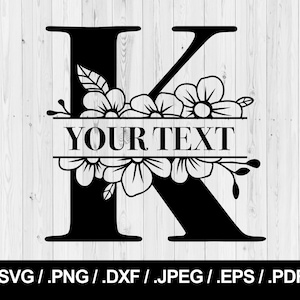 Flor dividida letra K. Carta floral SVG PNG, JPEG, eps, ai, pdf e dxf. Fonte do monograma. Download instantâneo