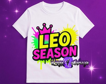 Leo Zodiac PNG: Diseño de camiseta de cumpleaños estilo grafiti neón (descarga digital)
