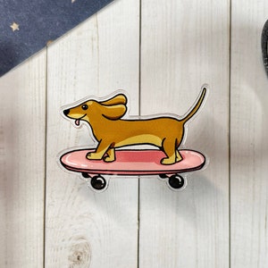Dachshund In a Skateboard Acrylic Pin – Wiener Dog Pin