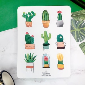 Feuille d’autocollant cactus de 9 pc. Autocollants mignons de planificateur d’usine. Journal de balle.