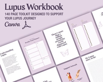 May include: A purple and white workbook with the title "Lupus Workbook" and the text "140 PAGE TOOLKIT DESIGNED TO SUPPORT YOUR LUPUS JOURNEY". The workbook features pages with titles such as "Understanding Lupus", "Weekly Food Planner", "Foods to Avoid", "Tracking Your Journey", "There's more than 5 million people around the world diagnosed with Lupus", "Support Network", and "My Lupus story so far".