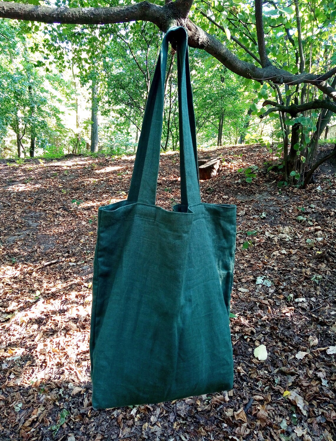 Bottle green linen tote / Reusable natural linen market bag / | Etsy