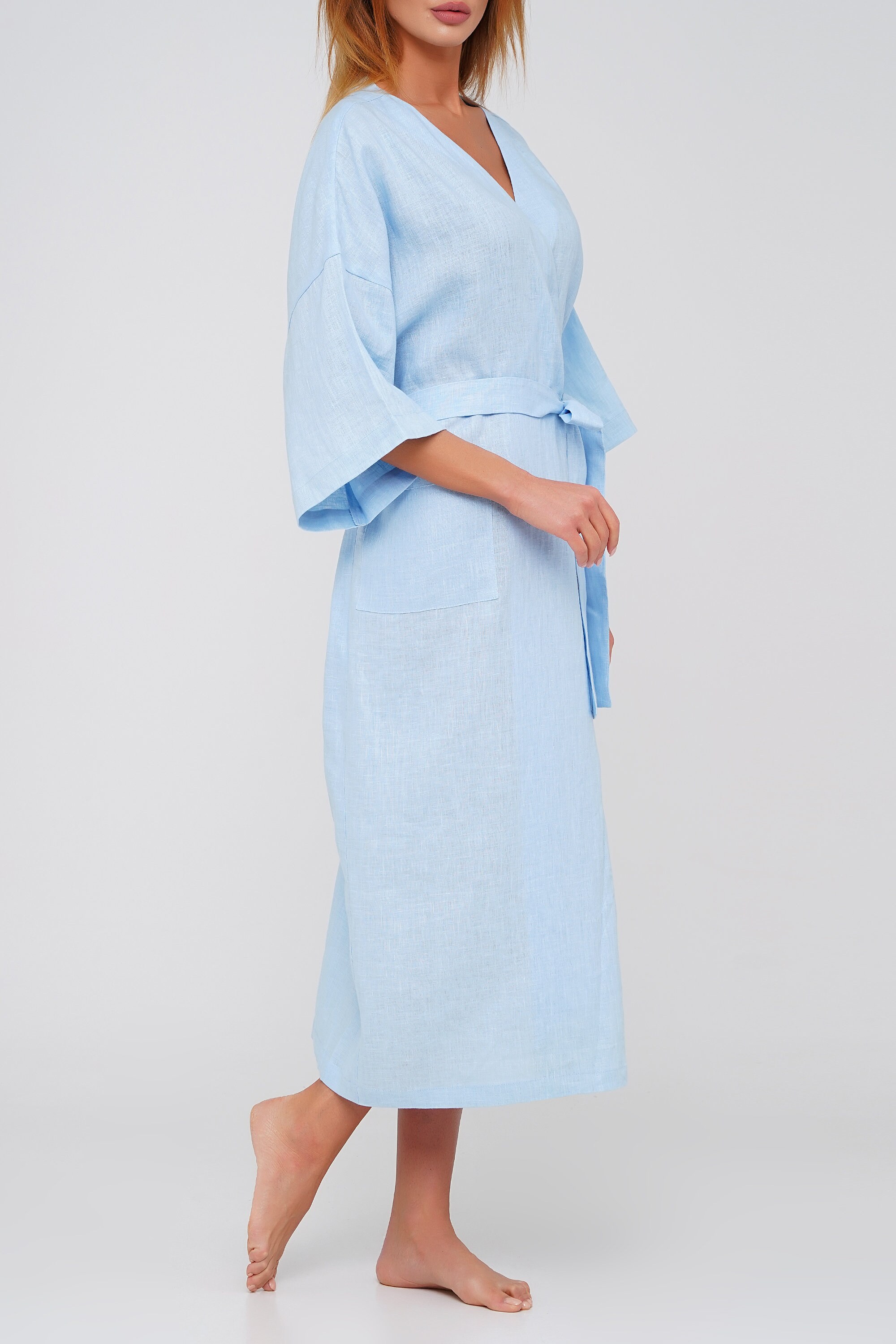 Blue linen maternity robe / Hospital recovery robe / Long Etsy
