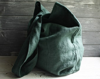 Green linen tote bag for shopping / Reusable grocery shopper / Sustainable market bag women