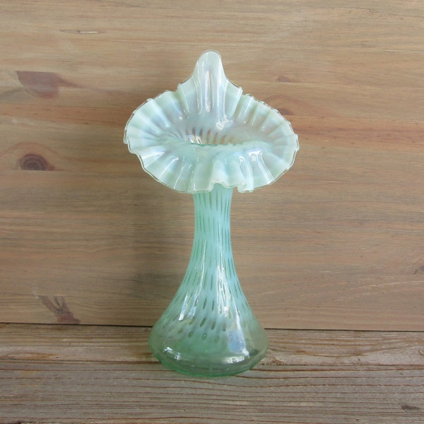 Fenton Glass Fine Coin Dot Optic Blue Green Opalescent JIP Jack In The Pulpit Tulip Vase