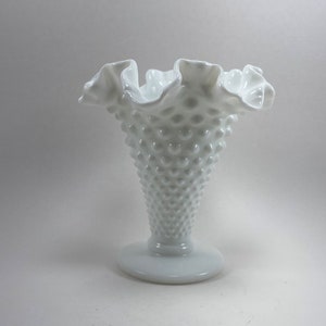 Fenton Milk Glass Hobnail Double Crimped Trumpet Vase