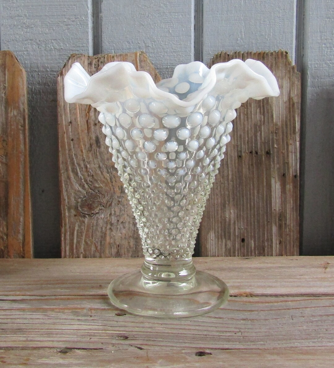 Fenton Glass French Opalescent Hobnail Footed Double Crimped Trumpet ...