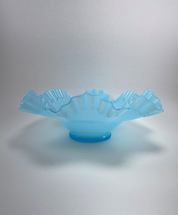 Fenton Glass Blue Overlay Ruffled and Crimped Bowl