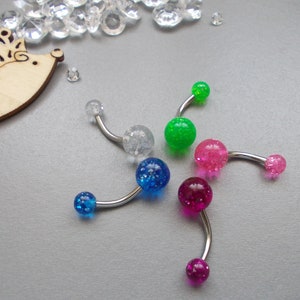 Pack of 5 Glittery Acrylic Balls with Surgical Steel Belly Bars Choose Bar Length, 6mm,8mm,10mm,12mm,14mm,16mm,18mm,20mm,22mm,25mm