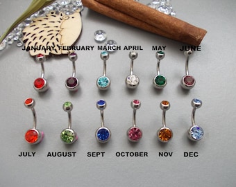 1 x Birthstone Double Crystal Surgical Steel Belly Bar, Choose Birthday Month & Bar Length, 6mm,8mm,10mm,12mm,14mm,16mm,18mm,20mm,22mm,25mm