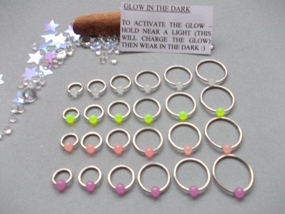 1 X BCR Glow in the Dark Ring Quality 316L Surgical Steel 1.2mm thick Ball Captive Ring, Choose Ring Size 6mm, 8mm,,10mm,12mm,14mm,16mm