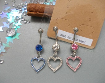 1 x Mothers Day Pink, Blue or Clear Crystal Heart 316L Surgical Steel Belly Bar, Length 6mm,8mm,10mm,12mm,14mm,16mm,20mm,22mm,25mm