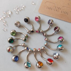 1 x Belly Bar Double Crystal Quality 316L Surgical Steel Navel Bar, Chse Color & Bar Length, 6mm,8mm,10mm,12mm,14mm,16mm,18mm,20mm,22mm,25mm