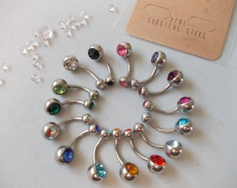 1 x Belly Bar Double Crystal Quality 316L Surgical Steel Navel Bar, Chse Color & Bar Length, 4mm 6mm 8mm 10mm 12mm 14mm 16mm 20mm 22mm 25mm