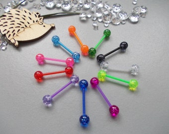 1 x Flexi Glittery Acrylic Balls Tongue Bar, Choose Colour ,Choose Bar Length, 10mm,12mm,14mm,16mm