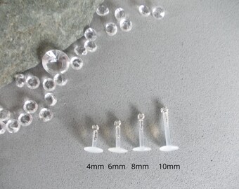 1 x Juego de garras de cristal transparente Bioflex flexible para labio/labial/Monroe, 1,2 mm. Longitud de barra a elegir: 4 mm, 6 mm, 8 mm, 10 mm.