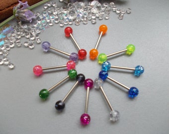 1 x Glittery Acrylic Balls Surgical Steel Tongue Bar, Choose Colour ,Choose Bar Length, 10mm,12mm,14mm,16mm