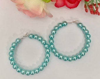 Baby Blue Pearl Hoop Earrings: Silver Plated, Handmade