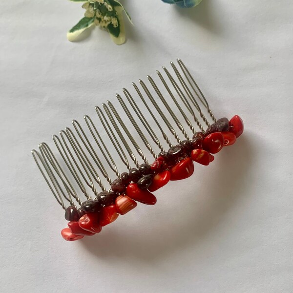 Gemstone hair comb, Coral hair comb, garnet hair comb, Crystal hair comb, quartz hair comb, decorative hair comb, crystal headpiece