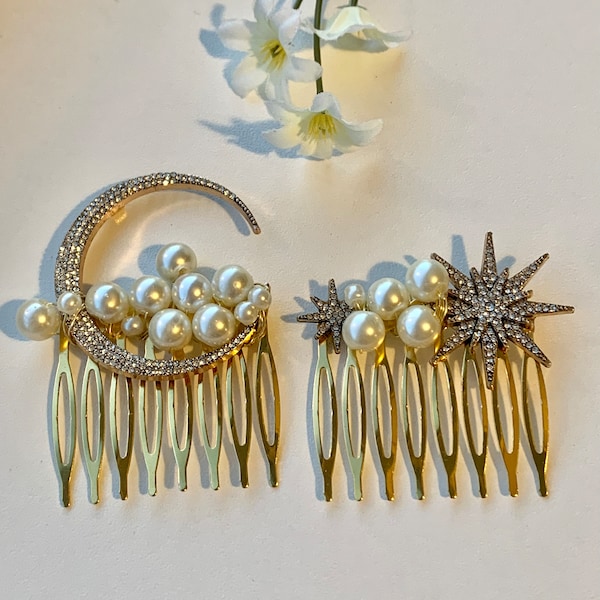 star hair accessory, pearl hair comb, moon hair accessory,decorative hair comb, celestial hair accessory,wedding hair comb, bridal hair comb