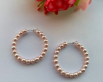 Handmade Pink Pearl Hoop Earrings: Silver Plated Bridal Jewelry