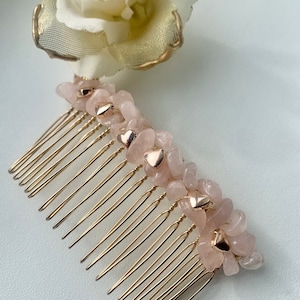 Rose Quartz Wedding Hair Comb: Gold Heart Bridal Hairpiece