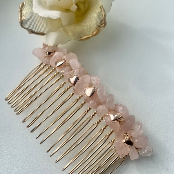 Rose quartz hair comb, gemstone hair comb, Crystal hair comb, crystal headpiece