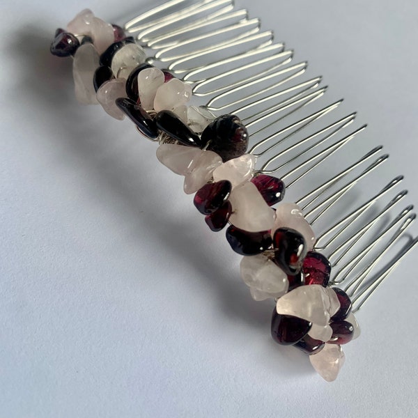 Rose quartz hair comb, garnet hair comb.