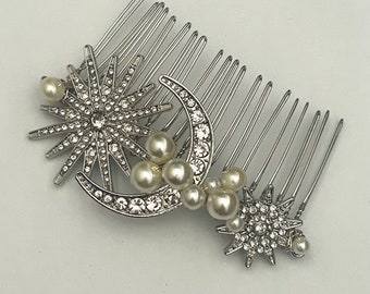 Celestial Bridal Hair Comb: Moon, Star, Pearl Wedding Hairpiece