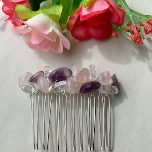Handmade Gemstone Hair Comb: Rose Quartz, Amethyst & Clear Quartz