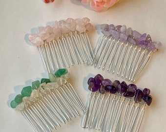 Crystal hair comb, rose quartz hair piece