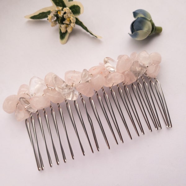 Rose quartz and clear quartz hair comb