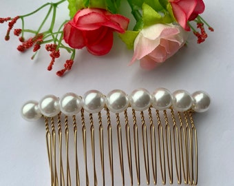 Bridal Pearl Hair Comb: Ivory Glass Beads, Gold Wedding Hair Accessory