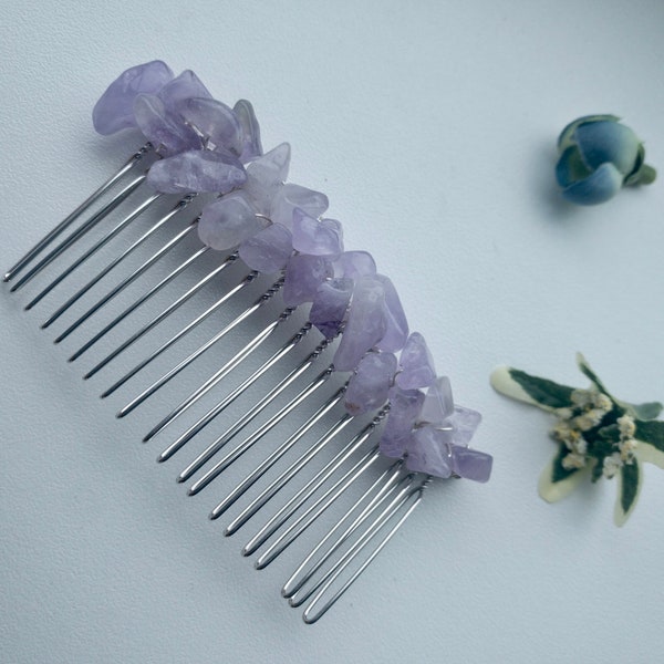 amethyst hair comb, gemstone hair comb, Crystal hair comb